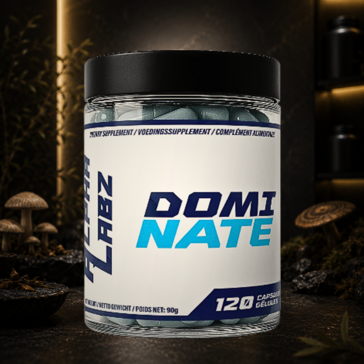 DOMINATE Alpha Labz associe phycocyanine, Cordyceps, Shilajit et extraits végétaux premium pour soutenir la puissance, la récupération, la force et les performances sportives.