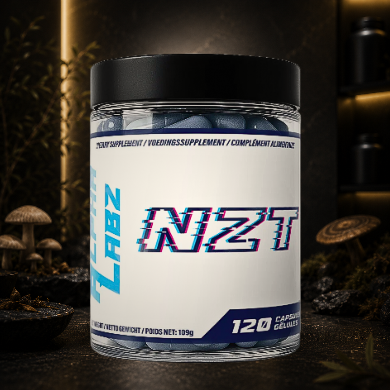 NZT+ Alpha Labz associe Lion's Mane, phycocyanine, Shilajit et adaptogènes pour soutenir concentration, mémoire, énergie mentale, récupération et performance cognitive.