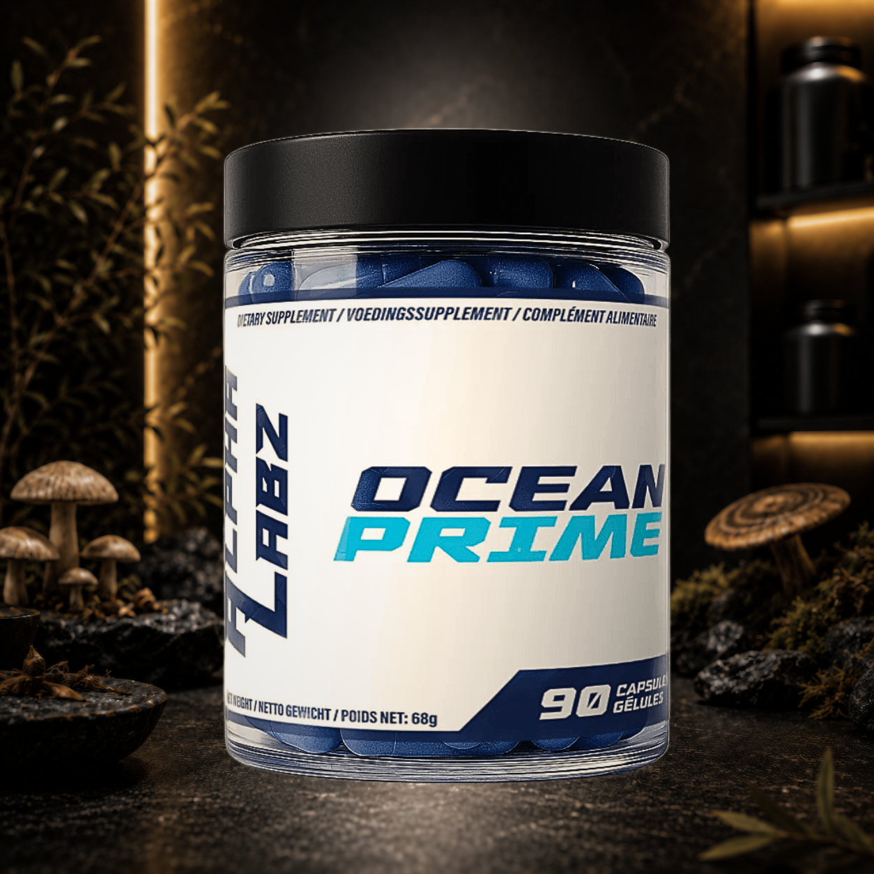 OCEAN PRIME Alpha Labz associe phycocyanine hautement concentrée, Rhodiola, Curcuma et Camu-Camu pour soutenir l’énergie, l’endurance, la récupération, la concentration et la santé cellulaire.