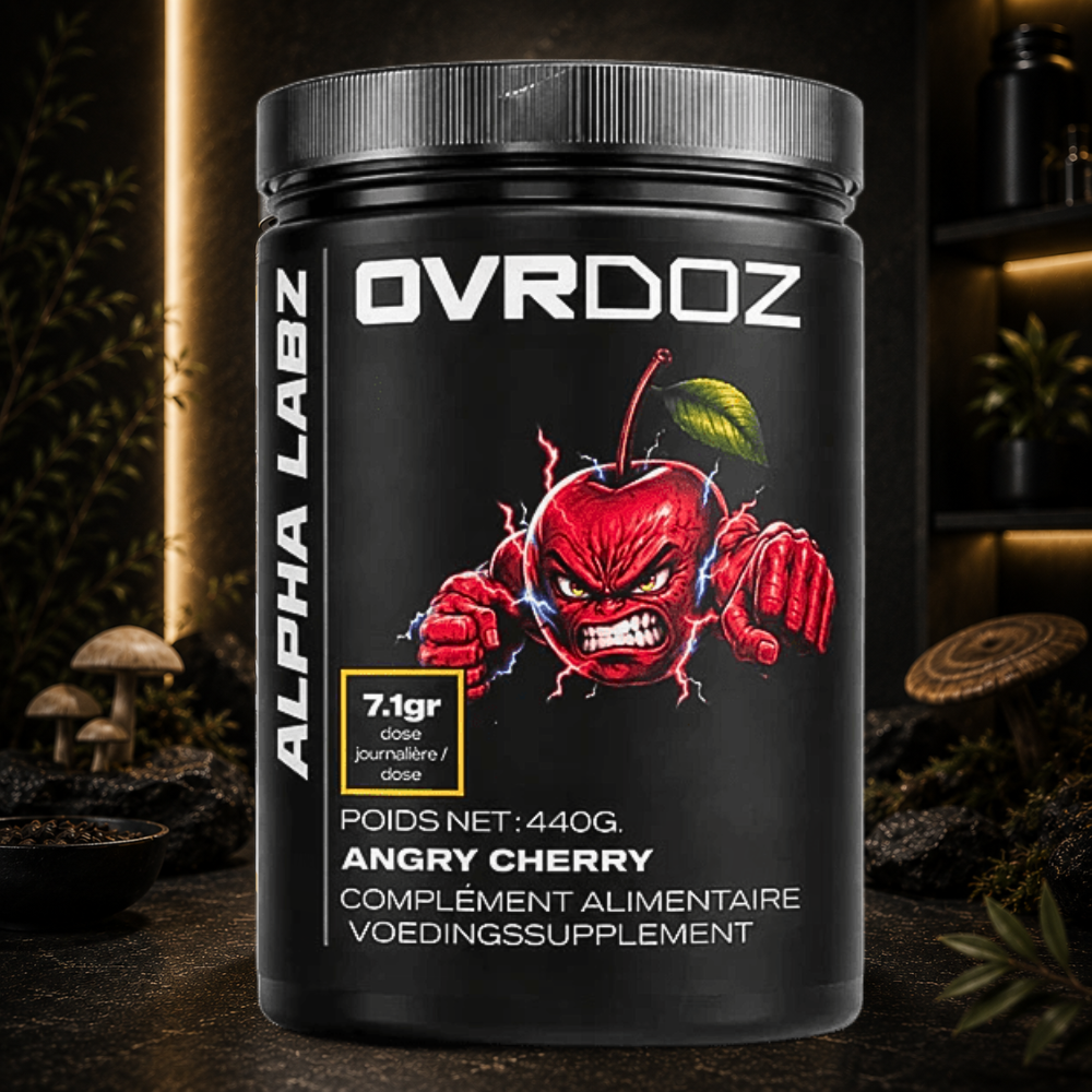 OVRDOZ™ Alpha Labz associe citrulline, glycérol, tyrosine, Pycnogenol® et caféine pour accompagner la préparation à l'effort, le focus et les sensations avant l'entraînement.