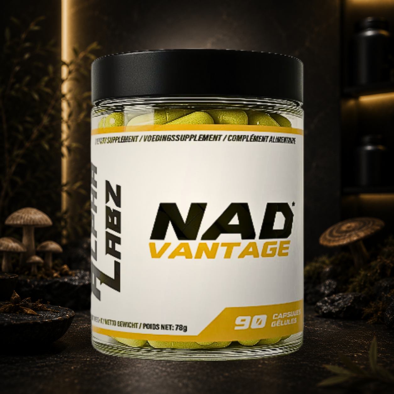 NADVANTAGE Alpha Labz associe NAD+, resvératrol, coenzyme Q10, quercétine et acide alpha-lipoïque pour soutenir l'énergie cellulaire, la vitalité et la protection contre le stress oxydatif.