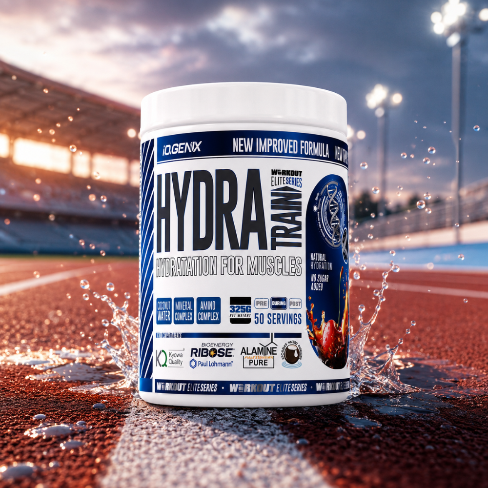 Boisson électrolyte avec eau de coco, taurine, D-ribose et alanil-glutamine. Soutient hydratation, récupération et performance sportive.