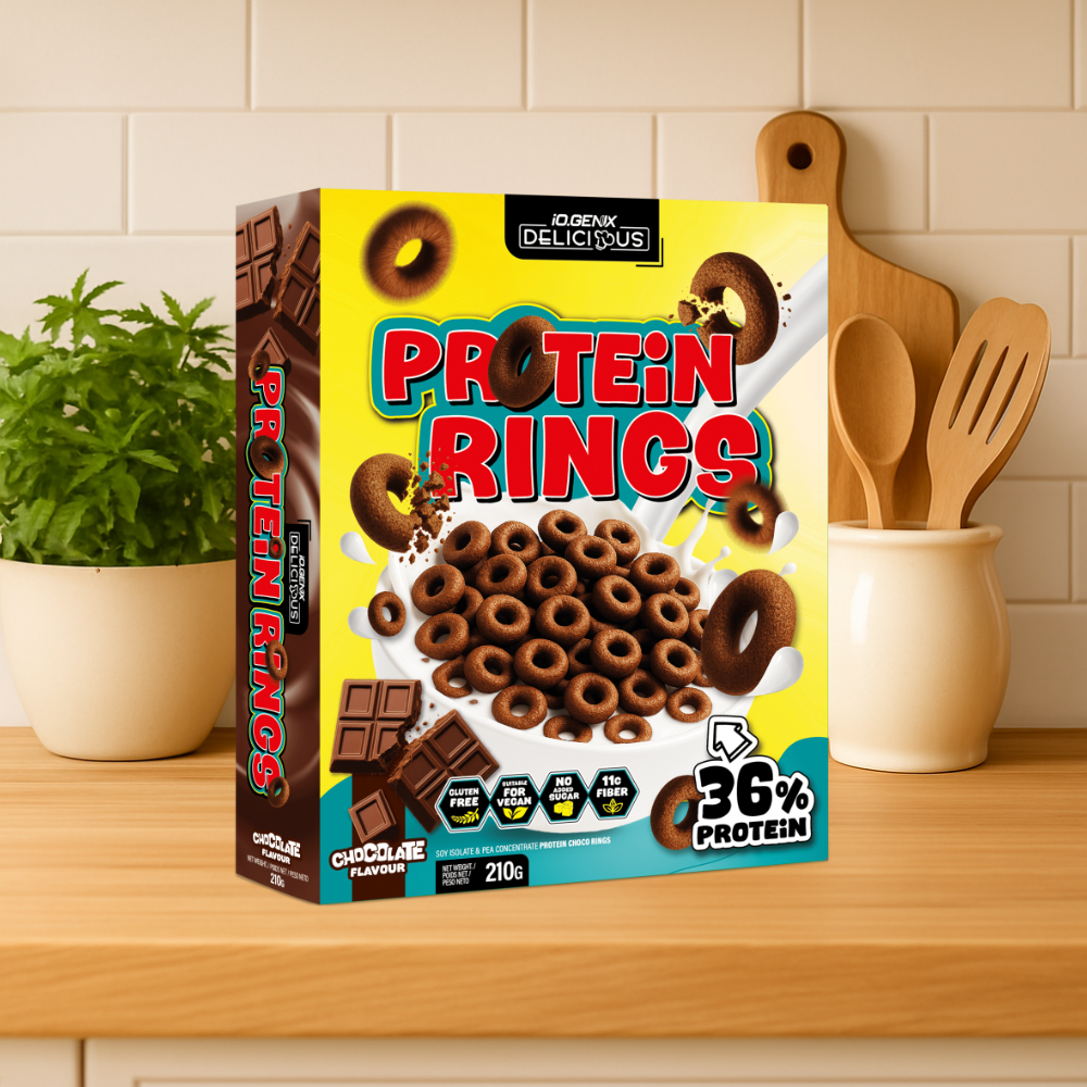 Protein Rings IO.GENIX : céréales protéinées croustillantes avec 36 % de protéines et riches en fibres. Sans sucres ajoutés, parfaites pour un petit-déjeuner protéiné ou une collation gourmande et équilibrée.