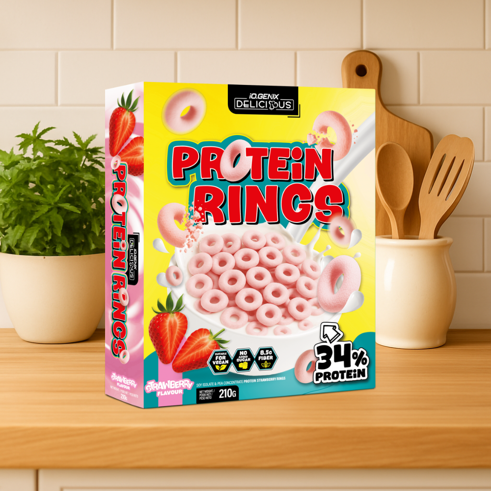 Protein Rings IO.GENIX : céréales protéinées croustillantes avec 36 % de protéines et riches en fibres. Sans sucres ajoutés, parfaites pour un petit-déjeuner protéiné ou une collation gourmande et équilibrée.