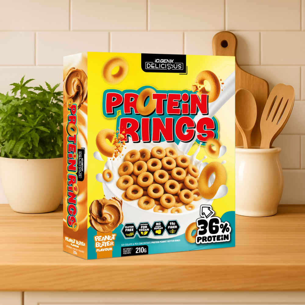 Protein Rings IO.GENIX : céréales protéinées croustillantes avec 36 % de protéines et riches en fibres. Sans sucres ajoutés, parfaites pour un petit-déjeuner protéiné ou une collation gourmande et équilibrée.