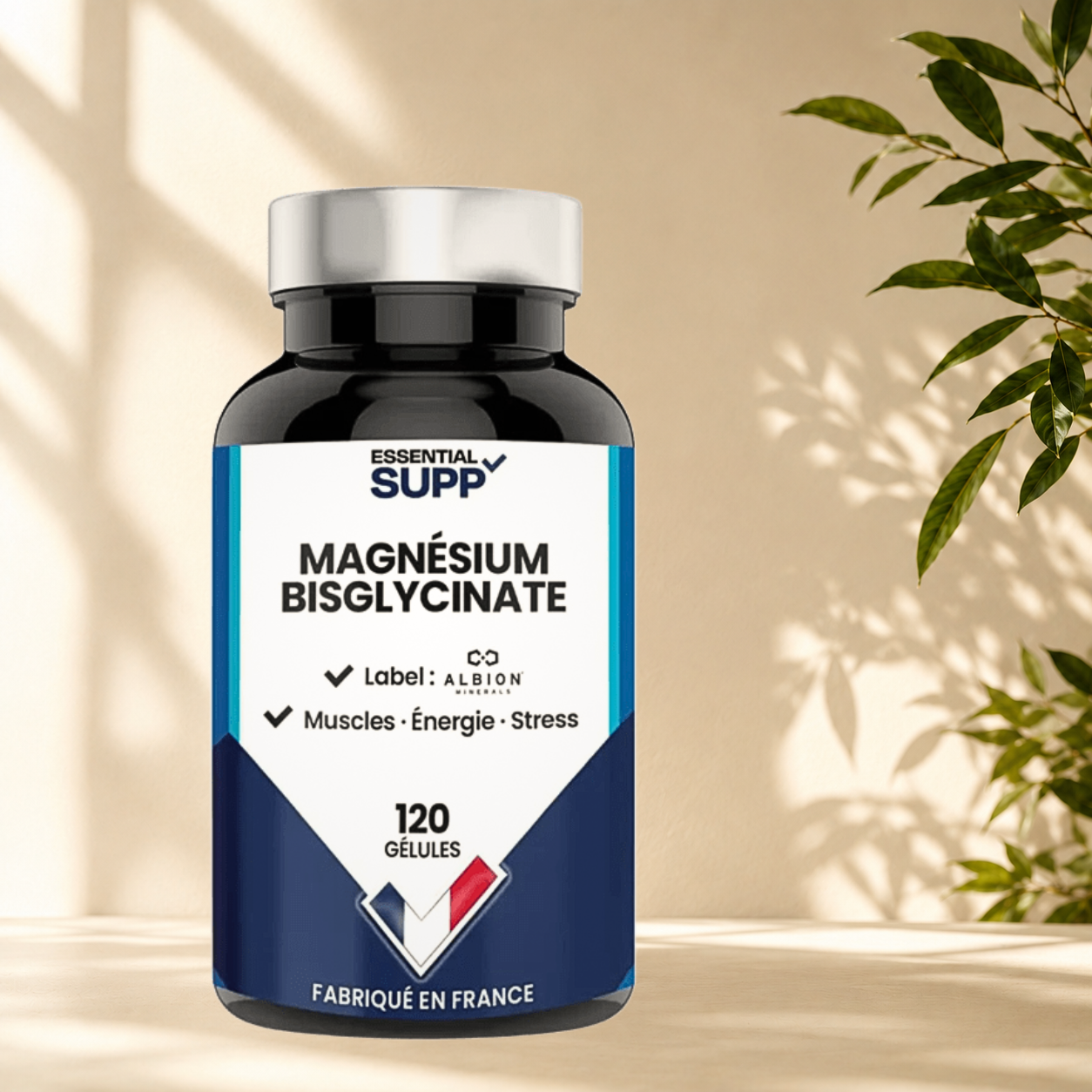 Bisglycinate de Magnésium Essential Supp avec label Albion® Minerals. 300 mg de magnésium hautement assimilable pour soutenir les muscles, le système nerveux et réduire la fatigue.