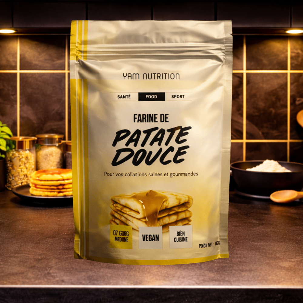 Farine de patate douce pour sportifs avec glucides naturels et index glycémique modéré. Idéale pour énergie stable, recettes saines et alimentation équilibrée.