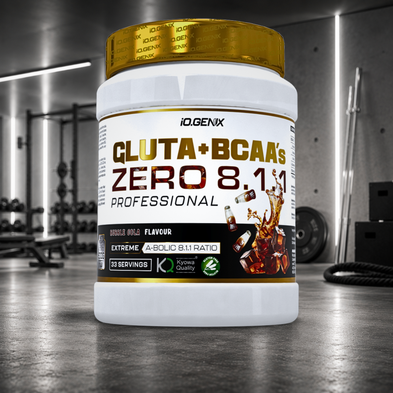 BCAA + Glutamine Kyowa® IO.GENIX : 5 g de BCAA 8:1:1 et 5 g de glutamine Kyowa® par dose pour favoriser la récupération musculaire, limiter le catabolisme et soutenir le système immunitaire.