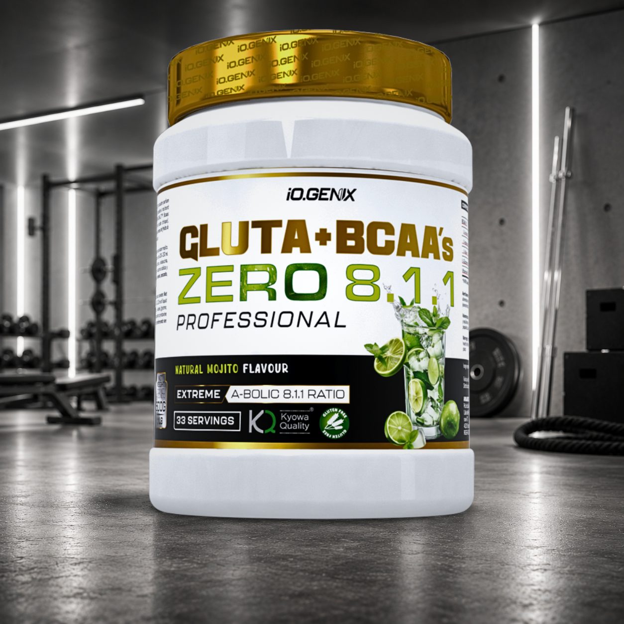BCAA + Glutamine Kyowa® IO.GENIX : 5 g de BCAA 8:1:1 et 5 g de glutamine Kyowa® par dose pour favoriser la récupération musculaire, limiter le catabolisme et soutenir le système immunitaire.