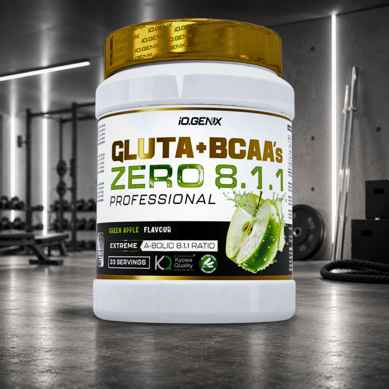 BCAA + Glutamine Kyowa® IO.GENIX : 5 g de BCAA 8:1:1 et 5 g de glutamine Kyowa® par dose pour favoriser la récupération musculaire, limiter le catabolisme et soutenir le système immunitaire.
