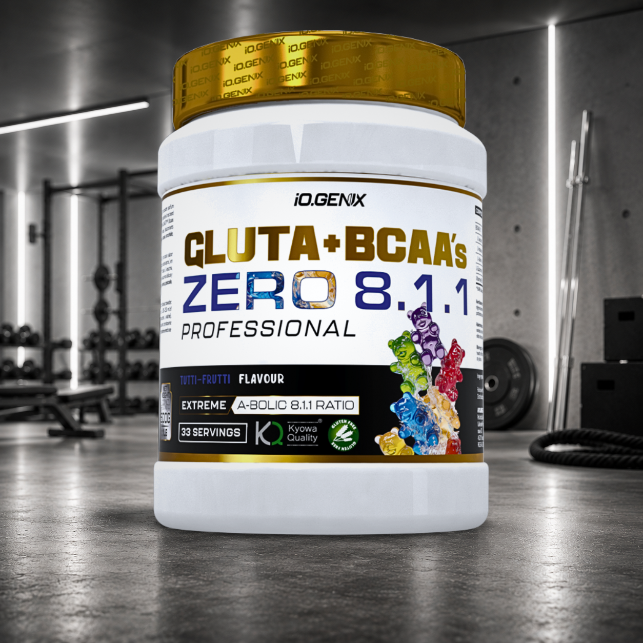 BCAA + Glutamine Kyowa® IO.GENIX : 5 g de BCAA 8:1:1 et 5 g de glutamine Kyowa® par dose pour favoriser la récupération musculaire, limiter le catabolisme et soutenir le système immunitaire.