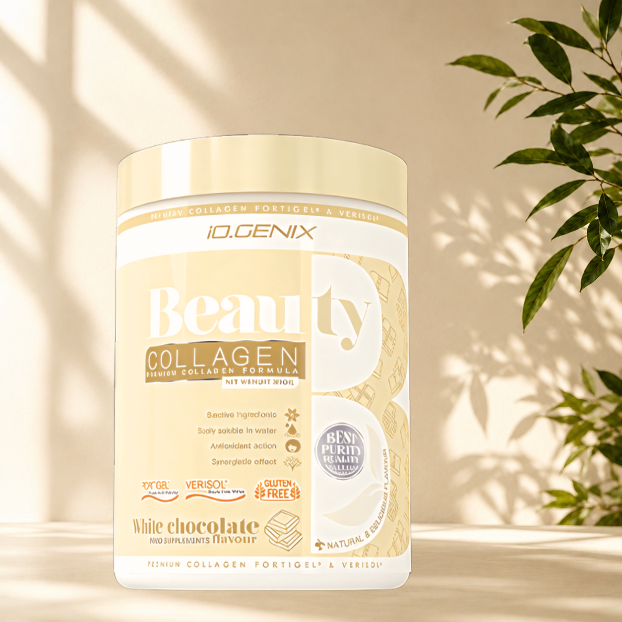 Beauty Collagen IO.GENIX associe les peptides brevetés FORTIGEL® et VERISOL®, de l'acide hyaluronique, de la vitamine C et du sélénium pour soutenir la peau, les cheveux, les ongles et la formation naturelle du collagène.
