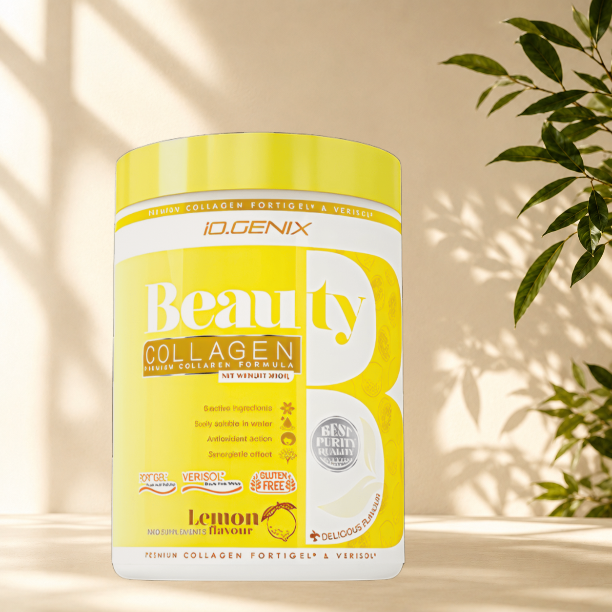 Beauty Collagen IO.GENIX associe les peptides brevetés FORTIGEL® et VERISOL®, de l'acide hyaluronique, de la vitamine C et du sélénium pour soutenir la peau, les cheveux, les ongles et la formation naturelle du collagène.
