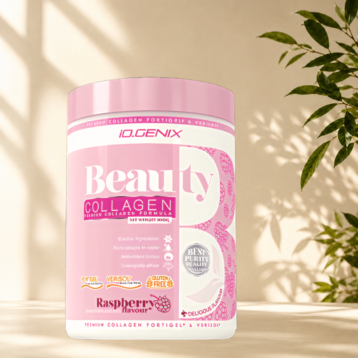 Beauty Collagen IO.GENIX associe les peptides brevetés FORTIGEL® et VERISOL®, de l'acide hyaluronique, de la vitamine C et du sélénium pour soutenir la peau, les cheveux, les ongles et la formation naturelle du collagène.
