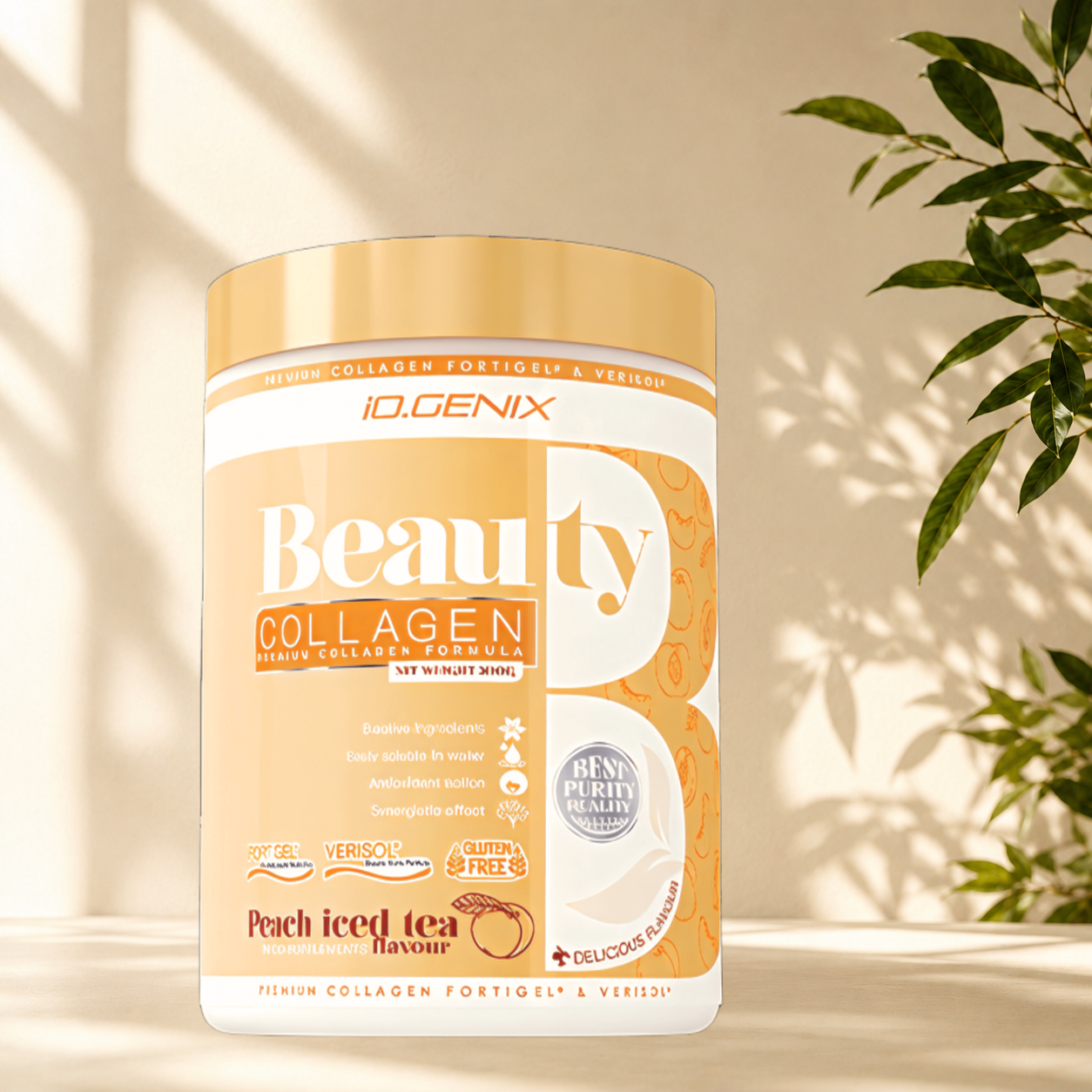 Beauty Collagen IO.GENIX associe les peptides brevetés FORTIGEL® et VERISOL®, de l'acide hyaluronique, de la vitamine C et du sélénium pour soutenir la peau, les cheveux, les ongles et la formation naturelle du collagène.
