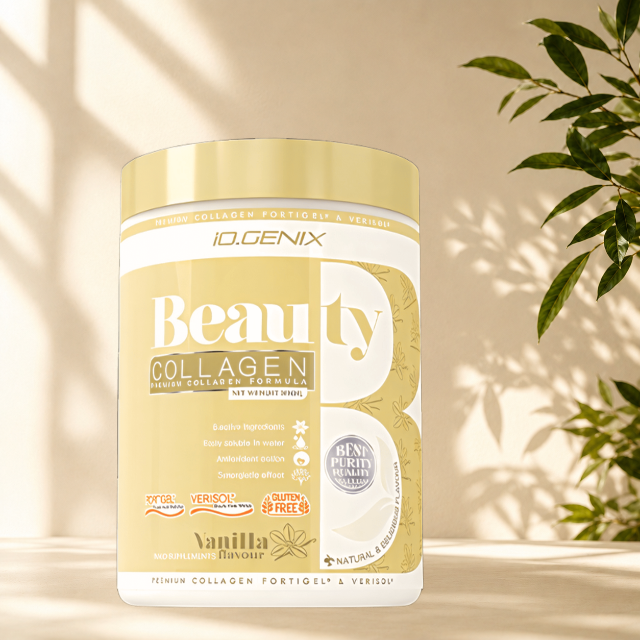 Beauty Collagen IO.GENIX associe les peptides brevetés FORTIGEL® et VERISOL®, de l'acide hyaluronique, de la vitamine C et du sélénium pour soutenir la peau, les cheveux, les ongles et la formation naturelle du collagène.
