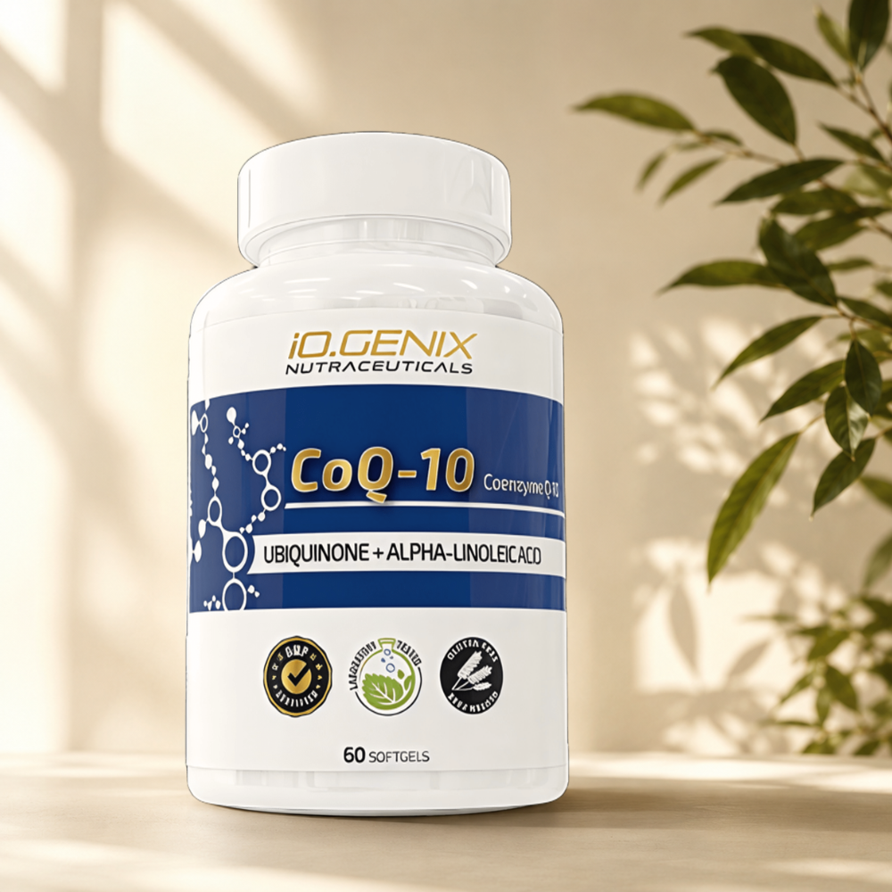 Coenzyme Q10 dosée à 100 mg associée à l'huile de lin riche en oméga-3 ALA. Soutient la production d'énergie cellulaire, la vitalité et la protection antioxydante.
