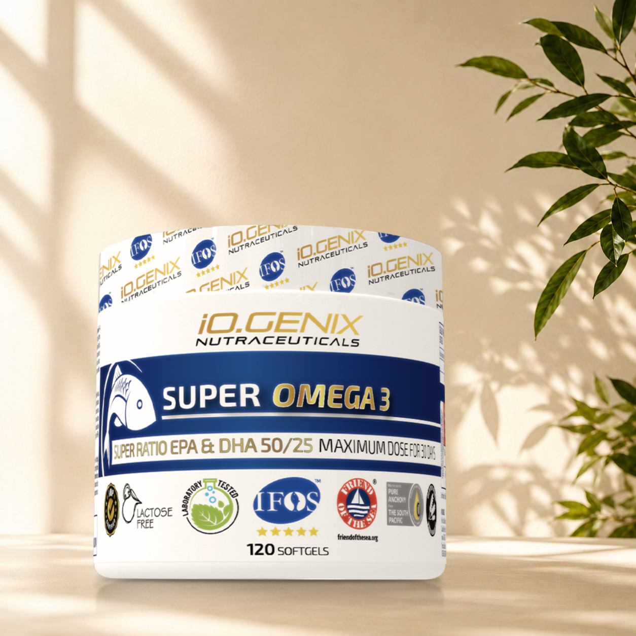 Super Omega 3 IO.GENIX apporte 1000 mg d'EPA et 500 mg de DHA par jour. Une formule premium hautement concentrée pour soutenir le cœur, le cerveau, la récupération et la santé globale.
