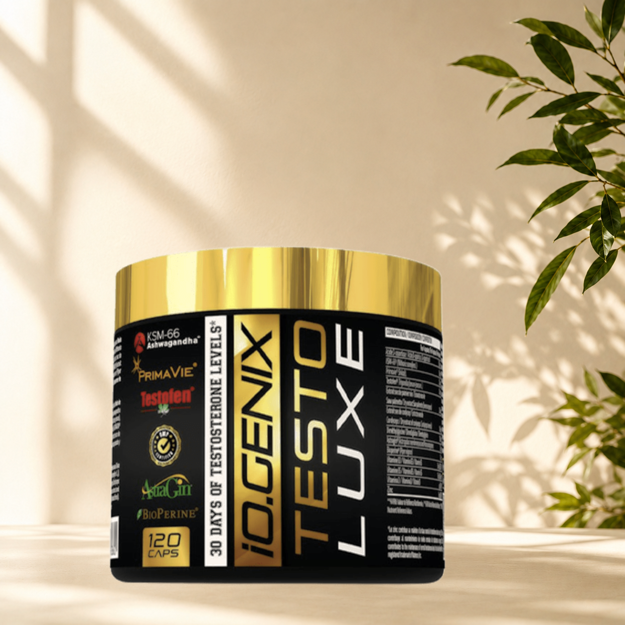 Testo Luxe IO.GENIX associe DAA, Testofen®, Shilajit, Cordyceps et Zinc pour soutenir naturellement la vitalité masculine, la libido, la récupération et l'équilibre hormonal.
