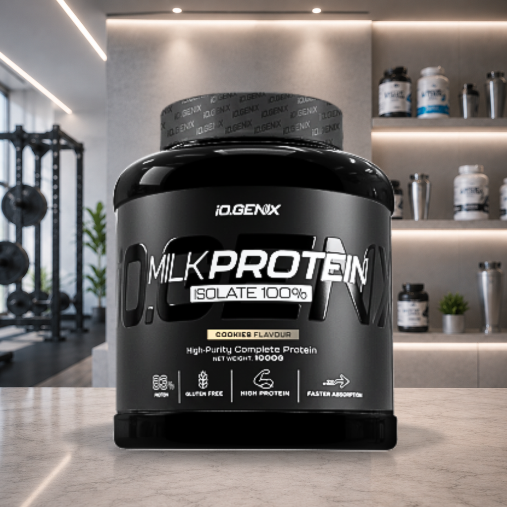 Milk Protein 100% Isolate iO.GENIX associe 80 % de caséine et 20 % de whey pour une récupération prolongée et une meilleure satiété en période de sèche.