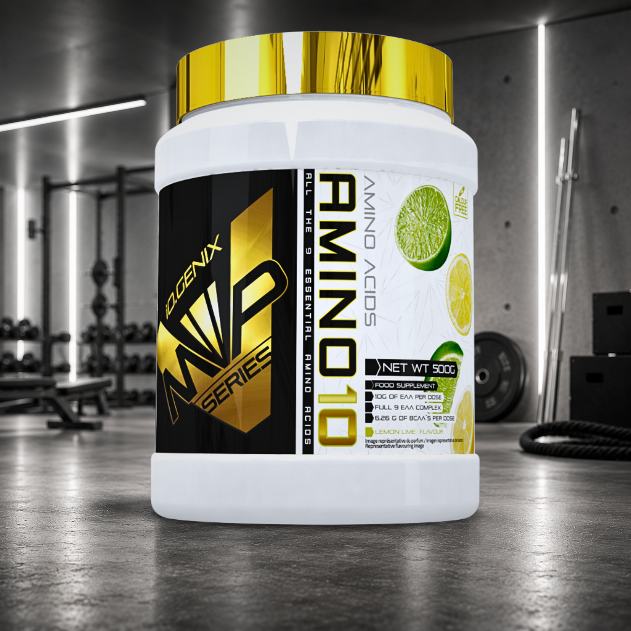 Amino 10 IO.GENIX : 10 g d'EAA et 6,26 g de BCAA par portion pour favoriser la récupération, soutenir la masse musculaire et optimiser les performances sportives.