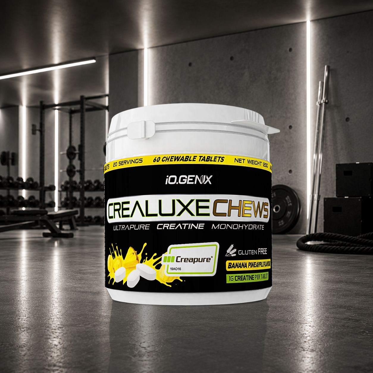 CreaLuxe Chews IO.GENIX apporte 1 g de créatine monohydrate Creapure® par comprimé à mâcher pour améliorer la force, la puissance, la récupération et soutenir le métabolisme énergétique.