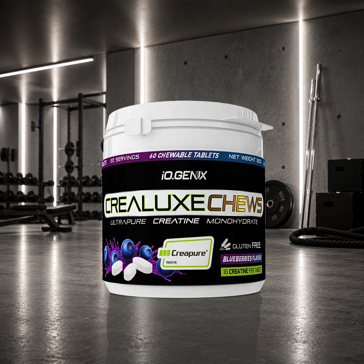 CreaLuxe Chews IO.GENIX apporte 1 g de créatine monohydrate Creapure® par comprimé à mâcher pour améliorer la force, la puissance, la récupération et soutenir le métabolisme énergétique.