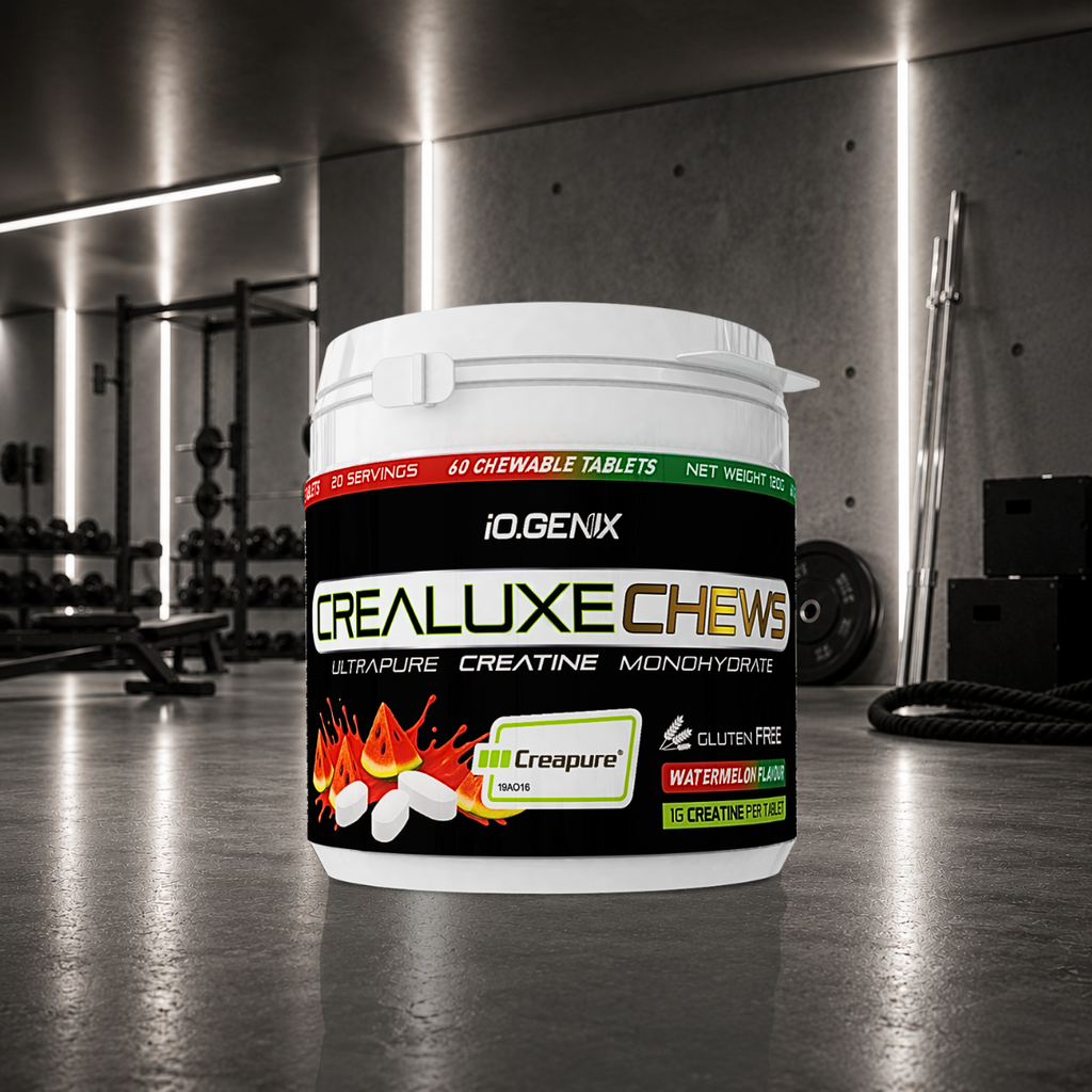 CreaLuxe Chews IO.GENIX apporte 1 g de créatine monohydrate Creapure® par comprimé à mâcher pour améliorer la force, la puissance, la récupération et soutenir le métabolisme énergétique.