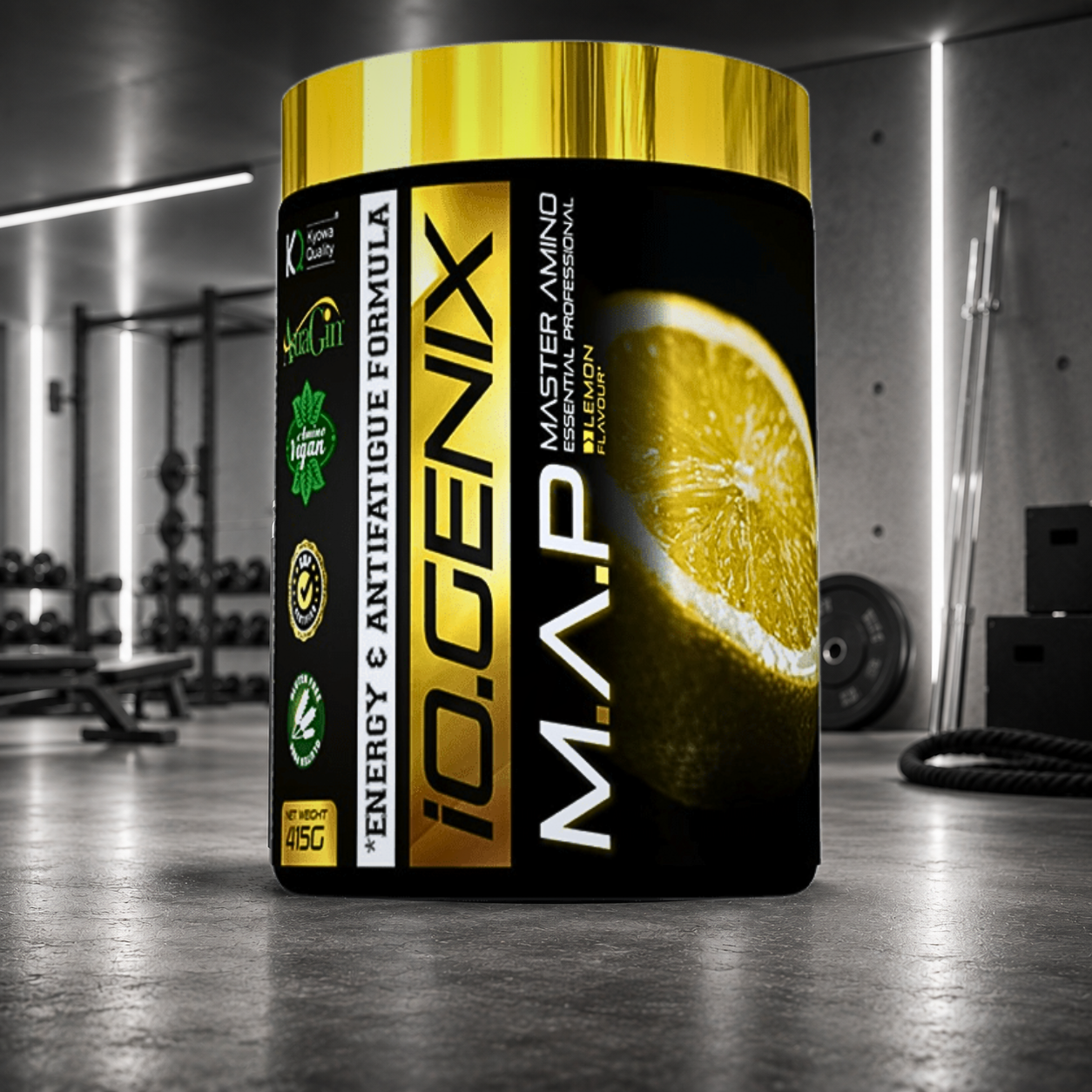 M.A.P IO.GENIX Luxury associe 9 EAA, des BCAA Kyowa Quality®, AstraGin® et de la vitamine B6 pour soutenir récupération et masse musculaire.