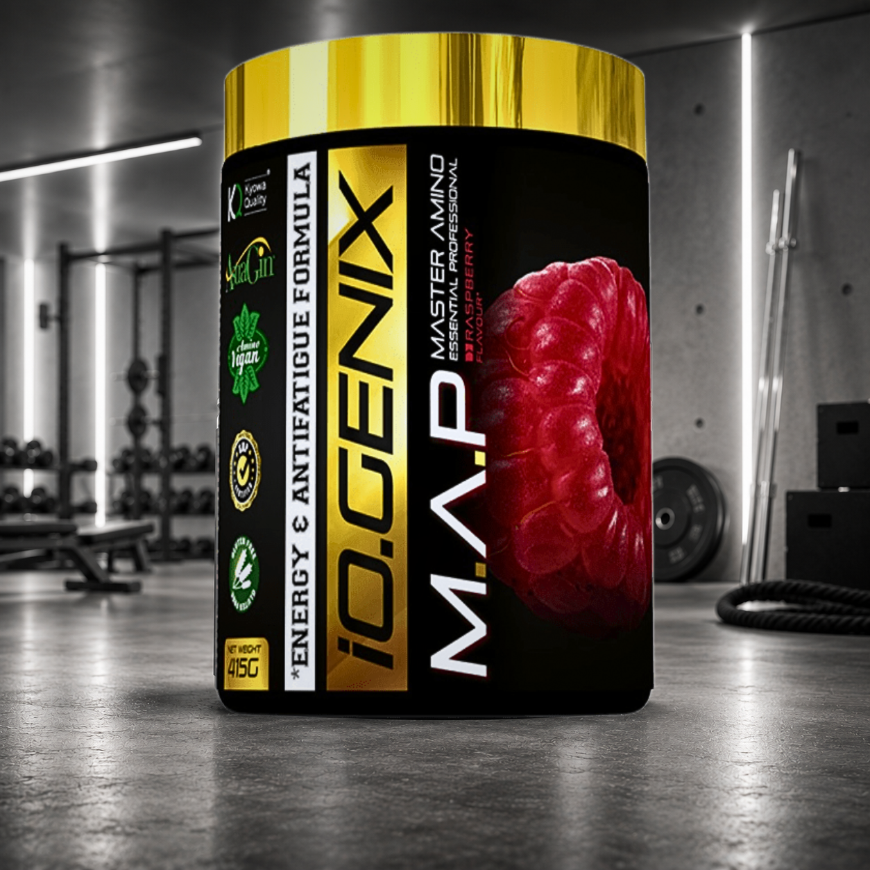 M.A.P IO.GENIX Luxury associe 9 EAA, des BCAA Kyowa Quality®, AstraGin® et de la vitamine B6 pour soutenir récupération et masse musculaire.