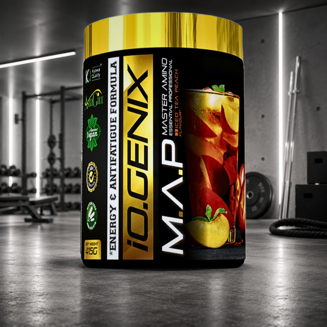 M.A.P IO.GENIX Luxury associe 9 EAA, des BCAA Kyowa Quality®, AstraGin® et de la vitamine B6 pour soutenir récupération et masse musculaire.