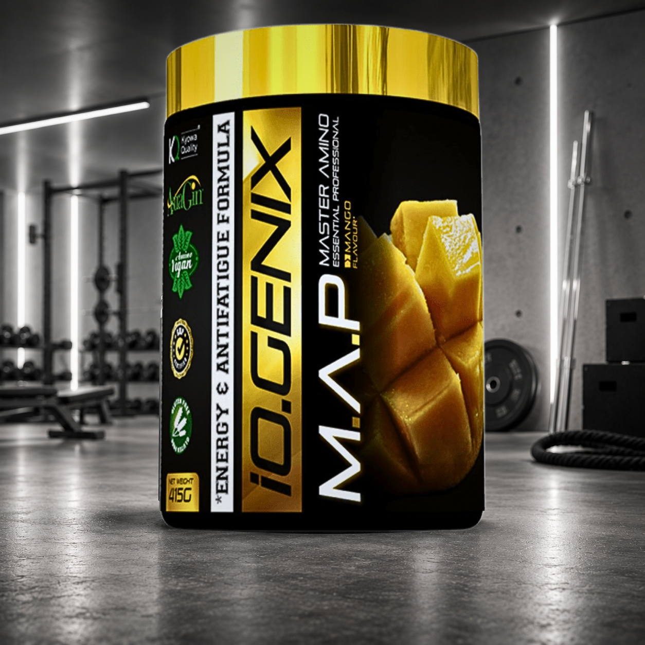 M.A.P IO.GENIX Luxury associe 9 EAA, des BCAA Kyowa Quality®, AstraGin® et de la vitamine B6 pour soutenir récupération et masse musculaire.