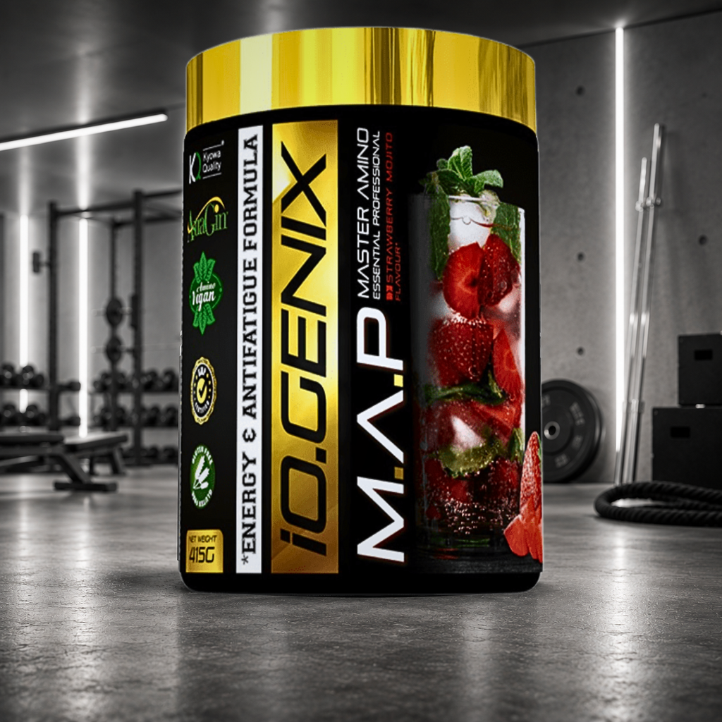 M.A.P IO.GENIX Luxury associe 9 EAA, des BCAA Kyowa Quality®, AstraGin® et de la vitamine B6 pour soutenir récupération et masse musculaire.