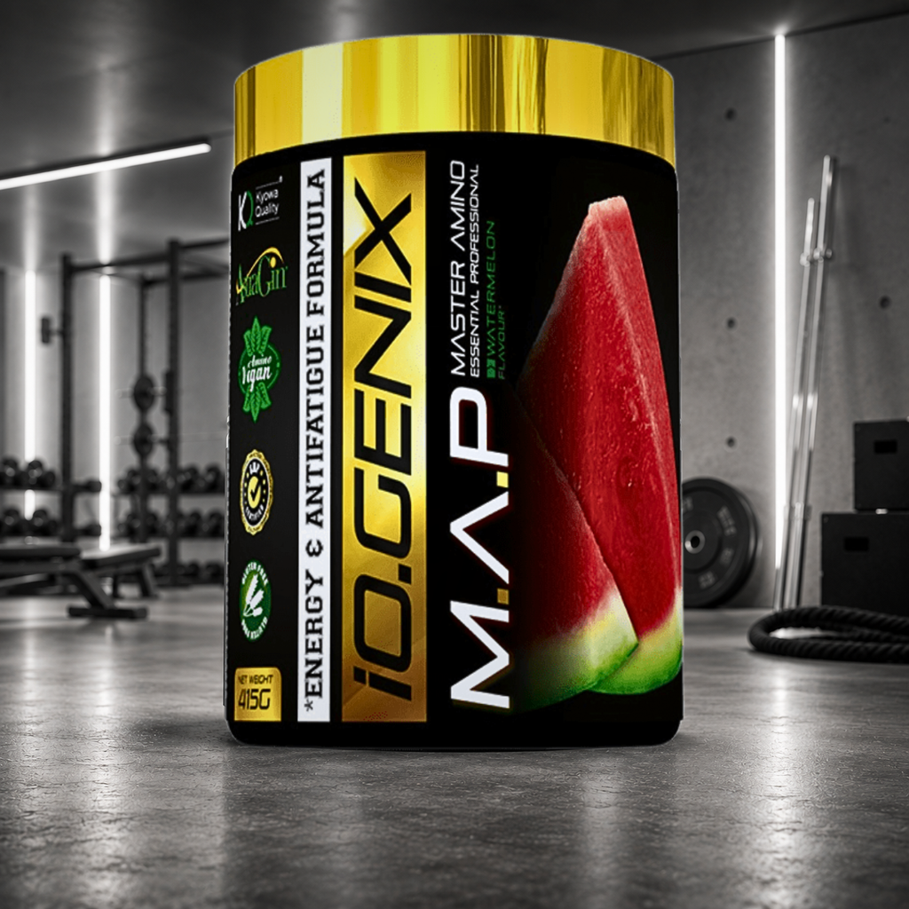 M.A.P IO.GENIX Luxury associe 9 EAA, des BCAA Kyowa Quality®, AstraGin® et de la vitamine B6 pour soutenir récupération et masse musculaire.