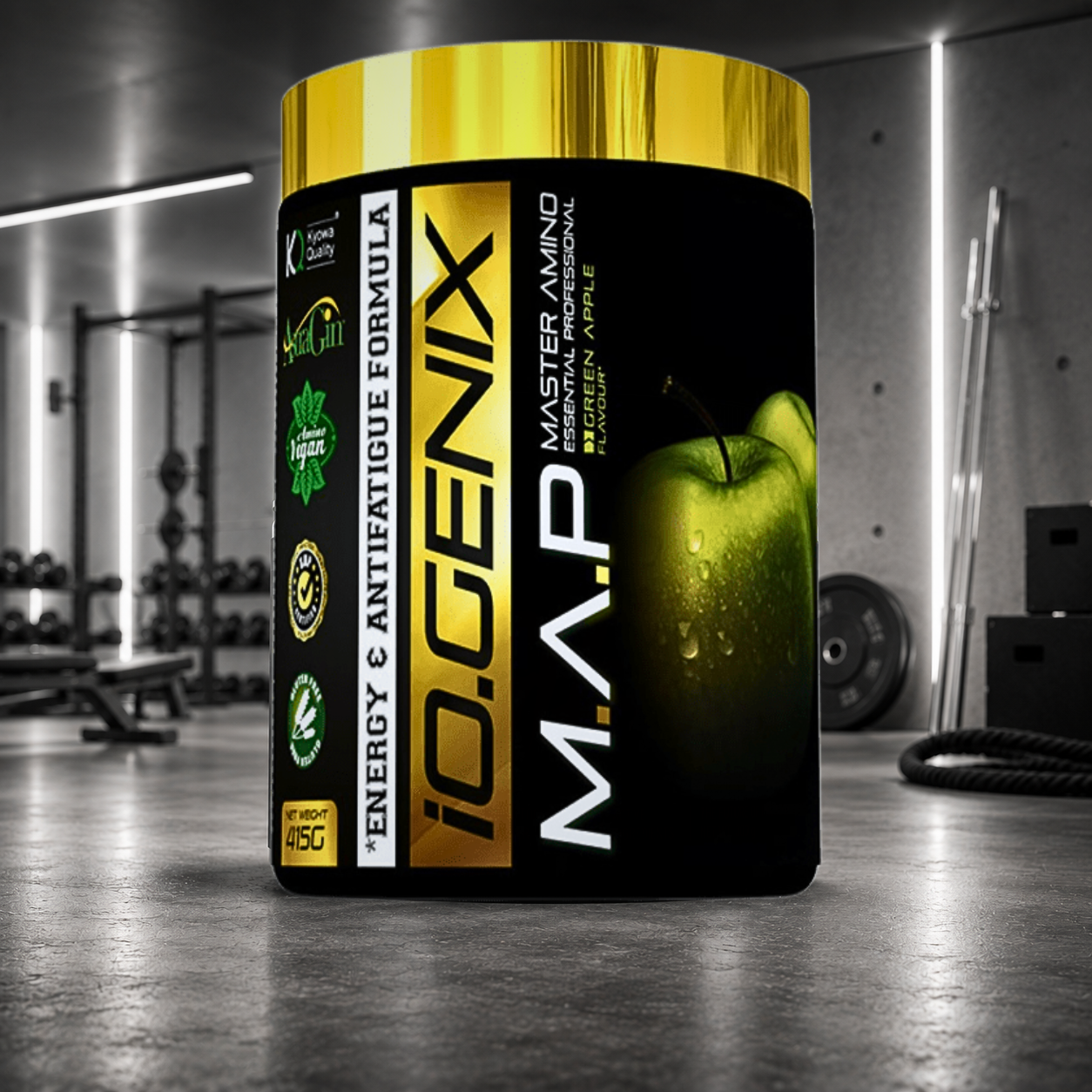 M.A.P IO.GENIX Luxury associe 9 EAA, des BCAA Kyowa Quality®, AstraGin® et de la vitamine B6 pour soutenir récupération et masse musculaire.