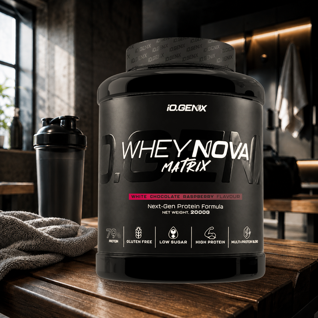 Whey Nova Matrix iO.GENIX associe whey concentrée, isolat de lait Solmiko HD et protéine de bœuf hydrolysée avec DigeZyme® pour une récupération optimale et une…