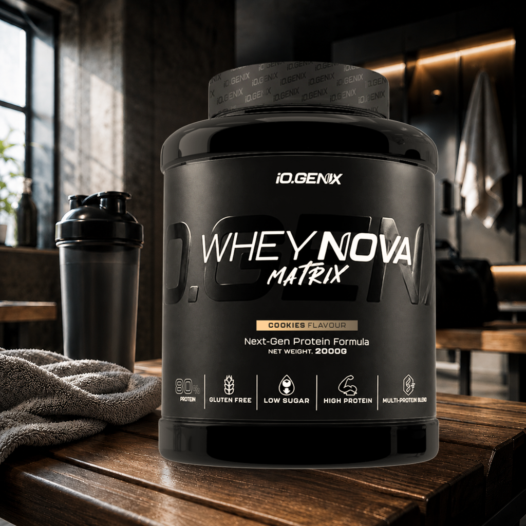 Whey Nova Matrix iO.GENIX associe whey concentrée, isolat de lait Solmiko HD et protéine de bœuf hydrolysée avec DigeZyme® pour une récupération optimale et une…