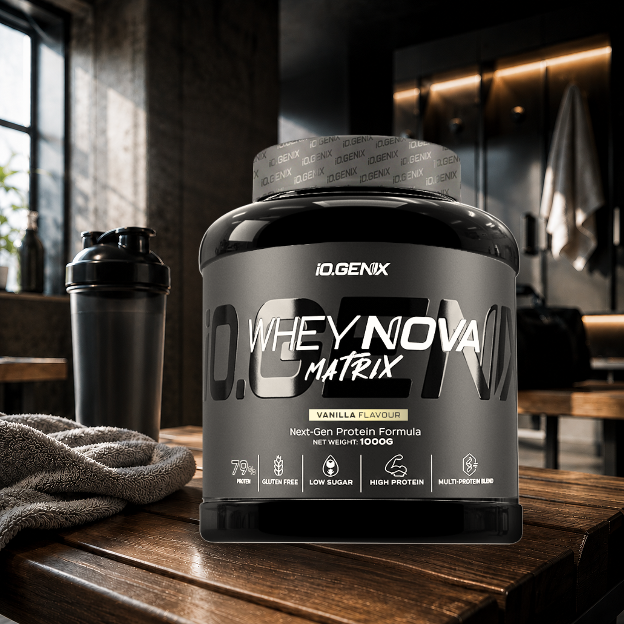 Whey Nova Matrix iO.GENIX associe whey concentrée, isolat de lait Solmiko HD et protéine de bœuf hydrolysée avec DigeZyme® pour une récupération optimale et une digestion facilitée.