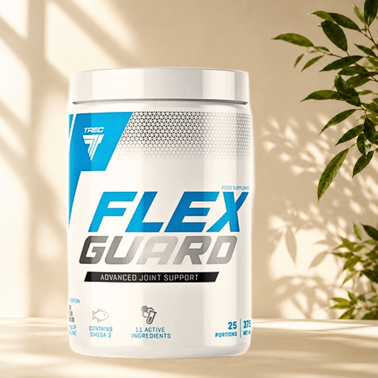 Flex Guard Trec Nutrition associe 7,5 g de collagène Solugel®, MSM, glucosamine, chondroïtine, acide hyaluronique et vitamine C pour soutenir les articulations, les tendons, les ligaments et la mobilité.
