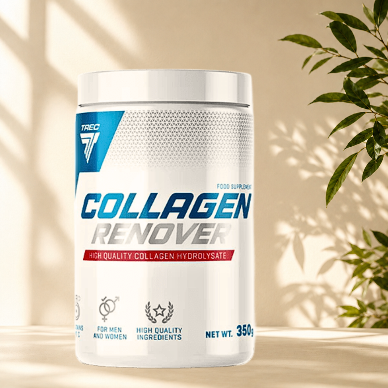 Collagen Renover Trec Nutrition apporte 9,3 g de collagène bovin hydrolysé Solugel® et de la vitamine C pour soutenir les articulations, les tendons, les ligaments et la récupération des tissus conjonctifs.
