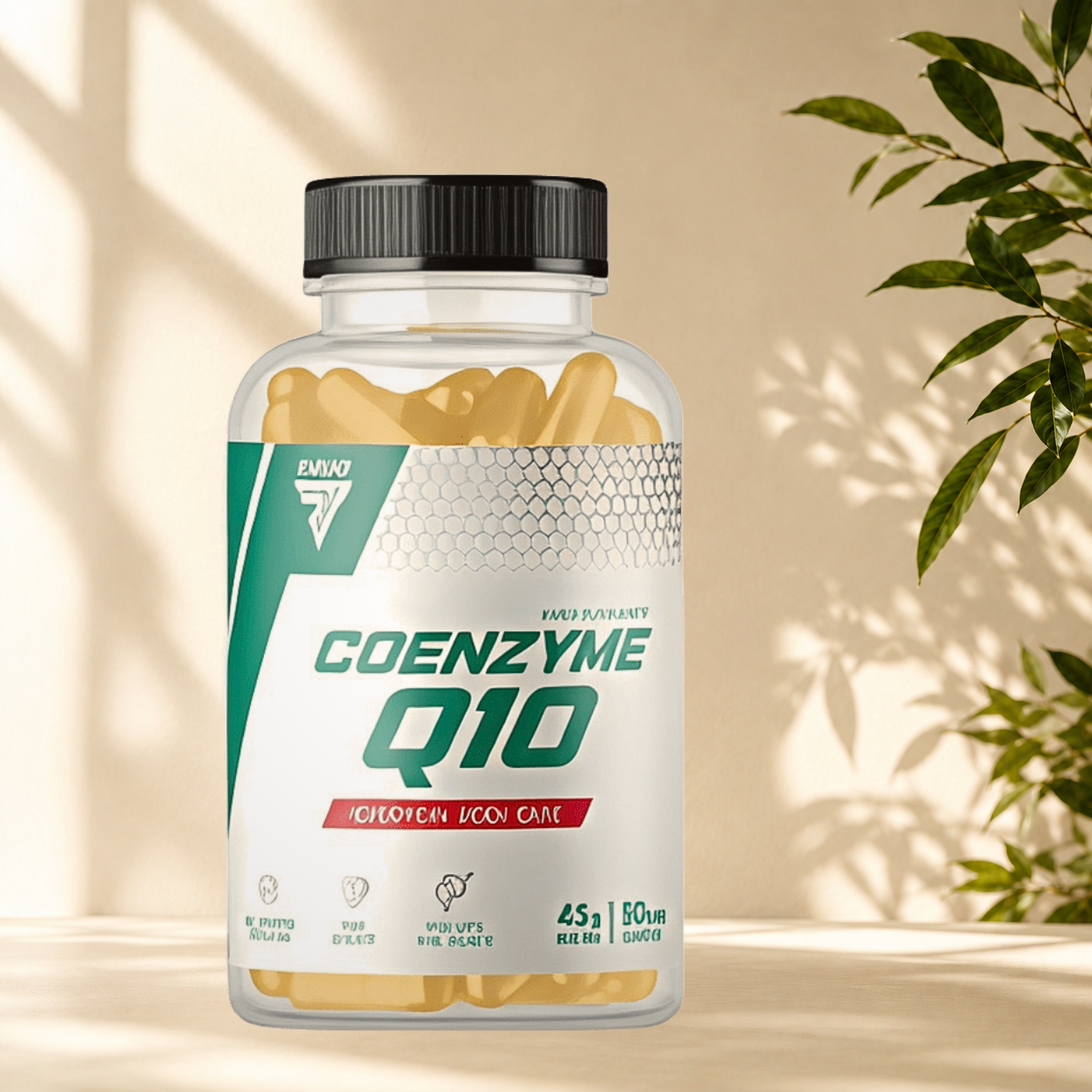 **Coenzyme Q10** **Trec Nutrition** apporte **60 mg de coenzyme Q10** pour soutenir la production d'énergie cellulaire, la santé cardiovasculaire, la vitalité et la protection contre le stress oxydatif.
