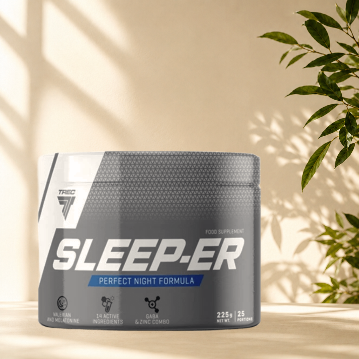Sleep-ER Trec Nutrition associe mélatonine, GABA, magnésium, zinc et plantes relaxantes pour favoriser l'endormissement, améliorer la qualité du sommeil et optimiser la récupération nocturne.
